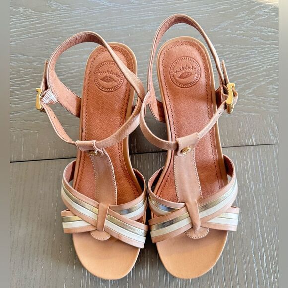 Nurture Women’s T-Strap Beige/Gold Leather Comfort Wedge Heeled Sandals Size 8.5 - Picture 2 of 12